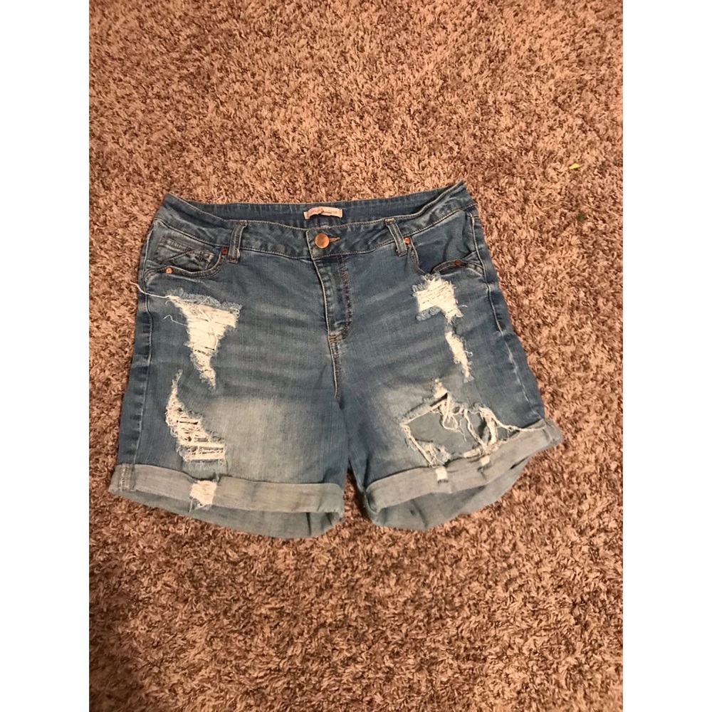 High waist distressed denim shorts.